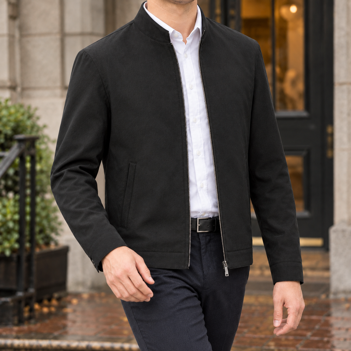Halvard Silk Jacket - Dark Blue Stand Collar