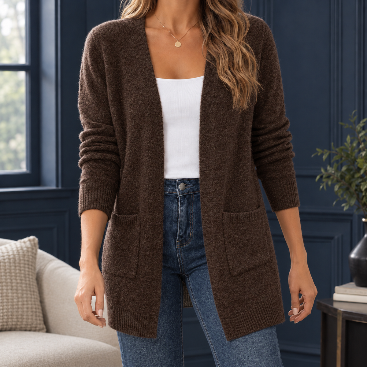 Megan Open Front Sweater - Brown