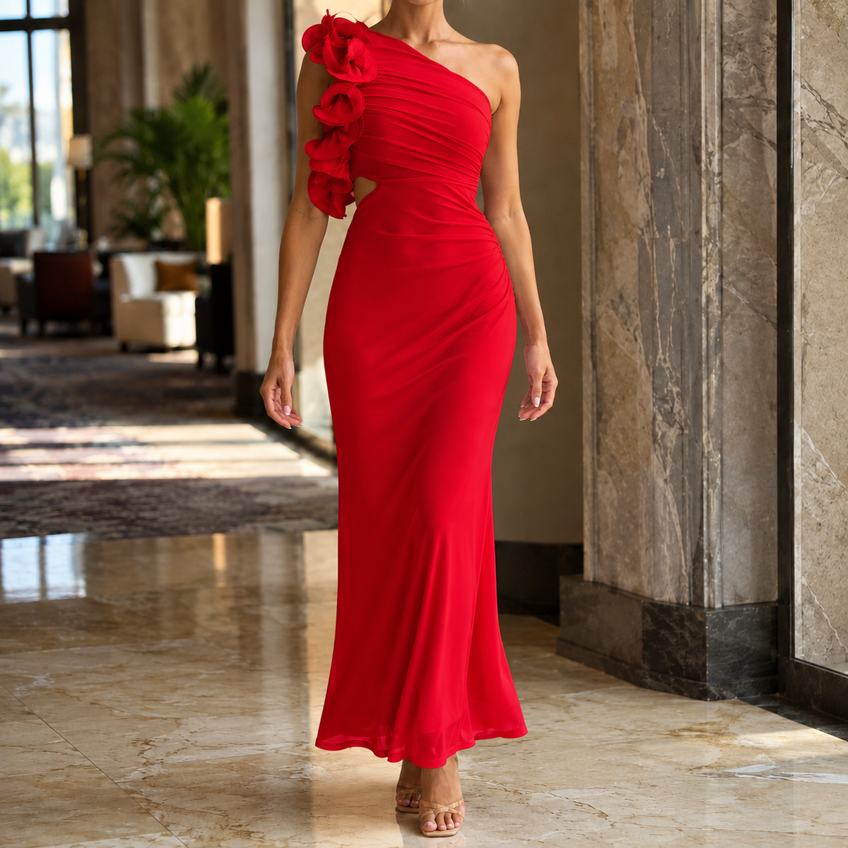 Harriet-Louise Asymmetric Maxi Dress - Red