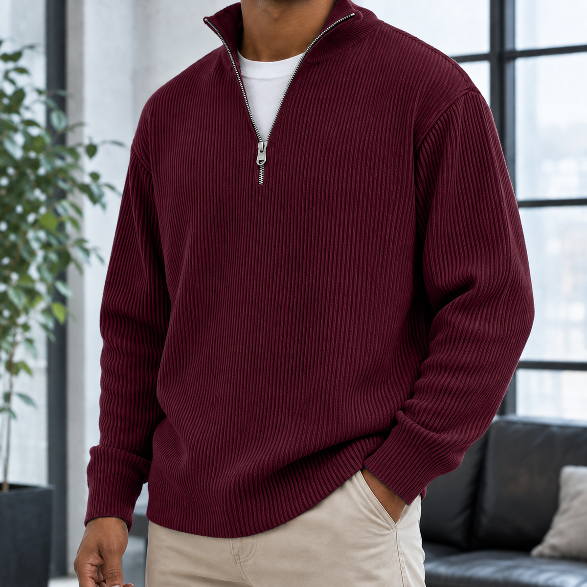 Silvain Quarter Zip Pullover - Wine Red