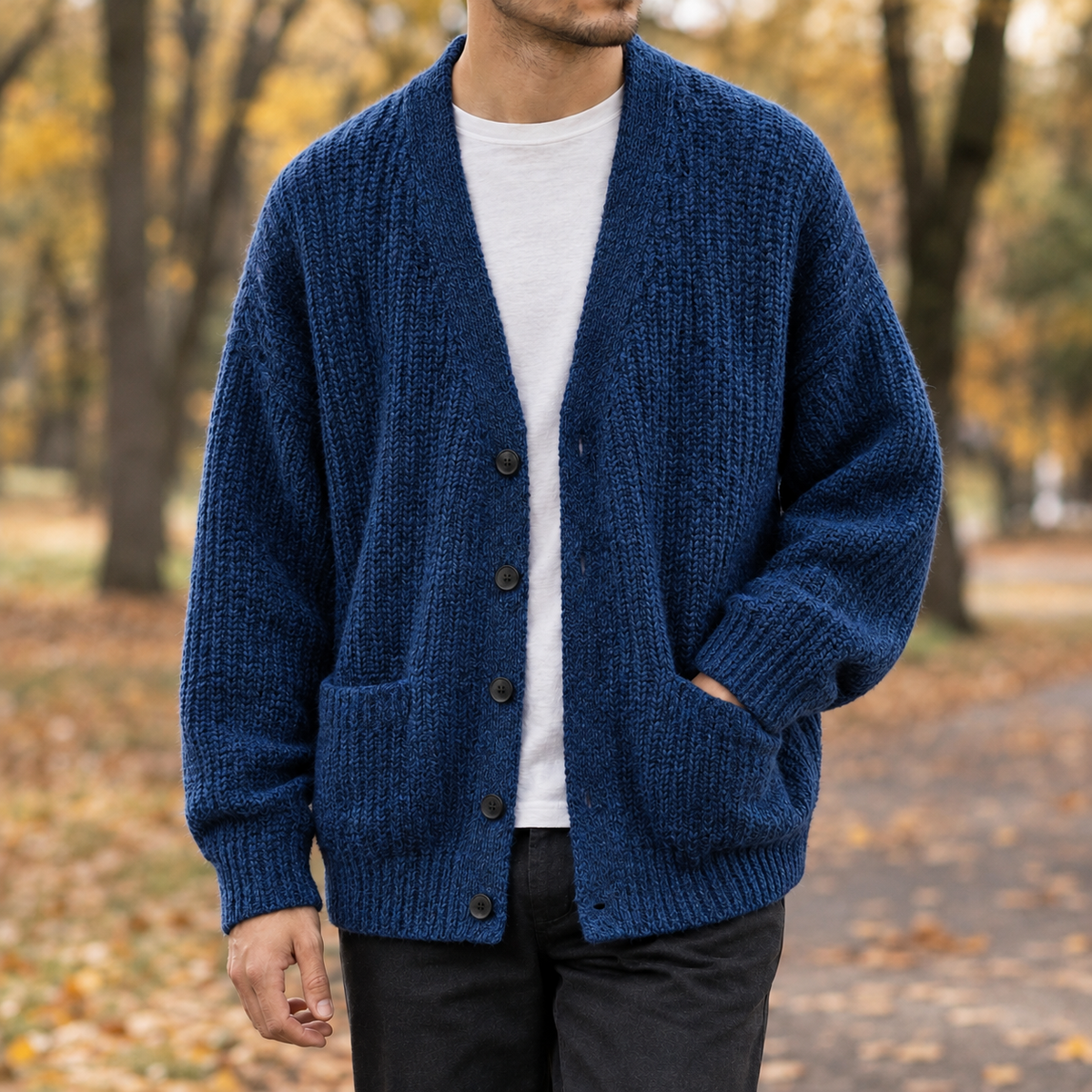 Nicodemus-Miles Ribbed Knit Cardigan - Navy Blue