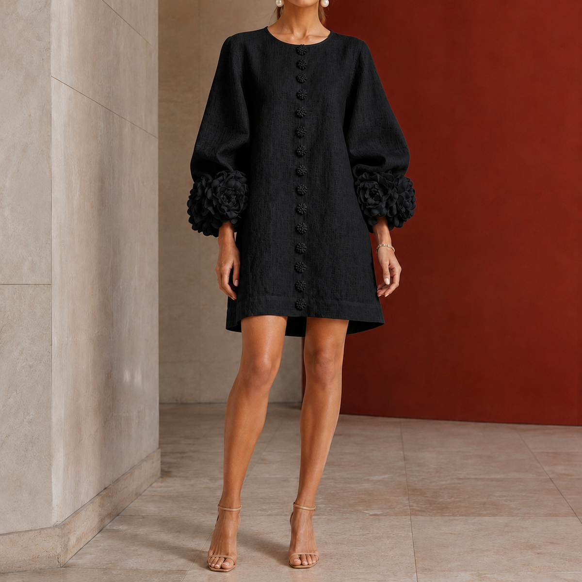 Freya-Claire Rosette Shift Dress - Black