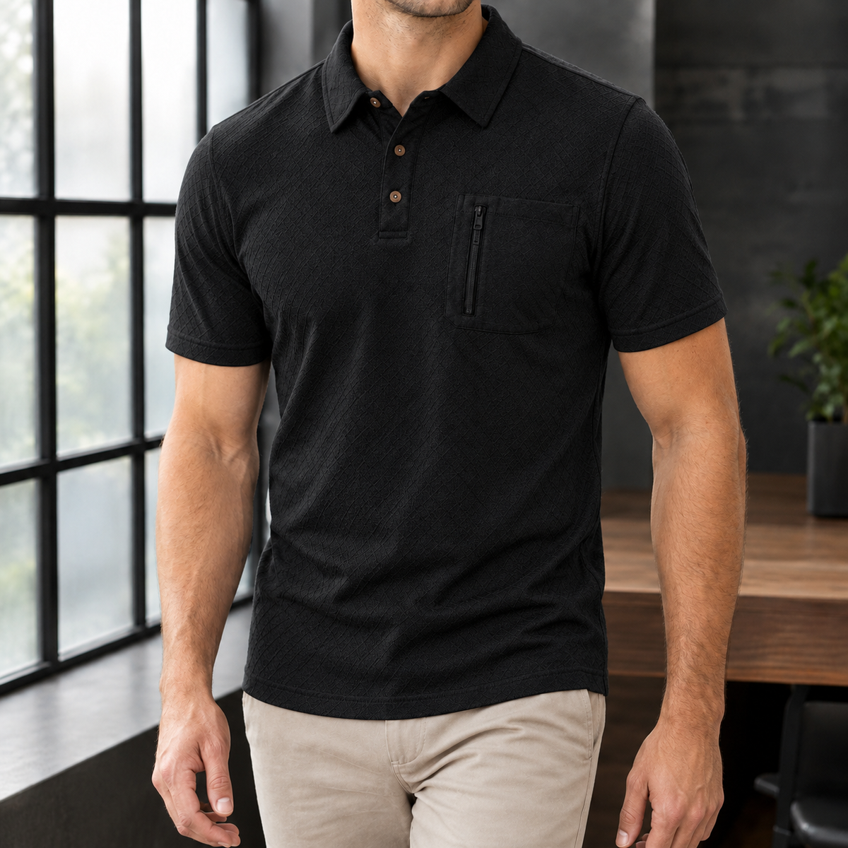 George-Grey Jacquard Polo Shirt - Black
