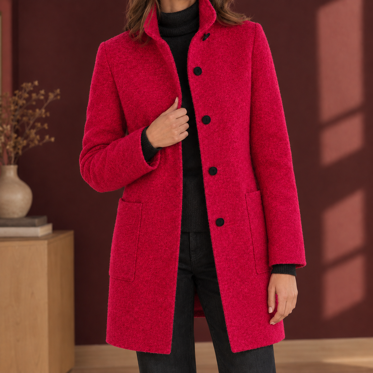 Ashley-Skye Stand Collar Coat - Red