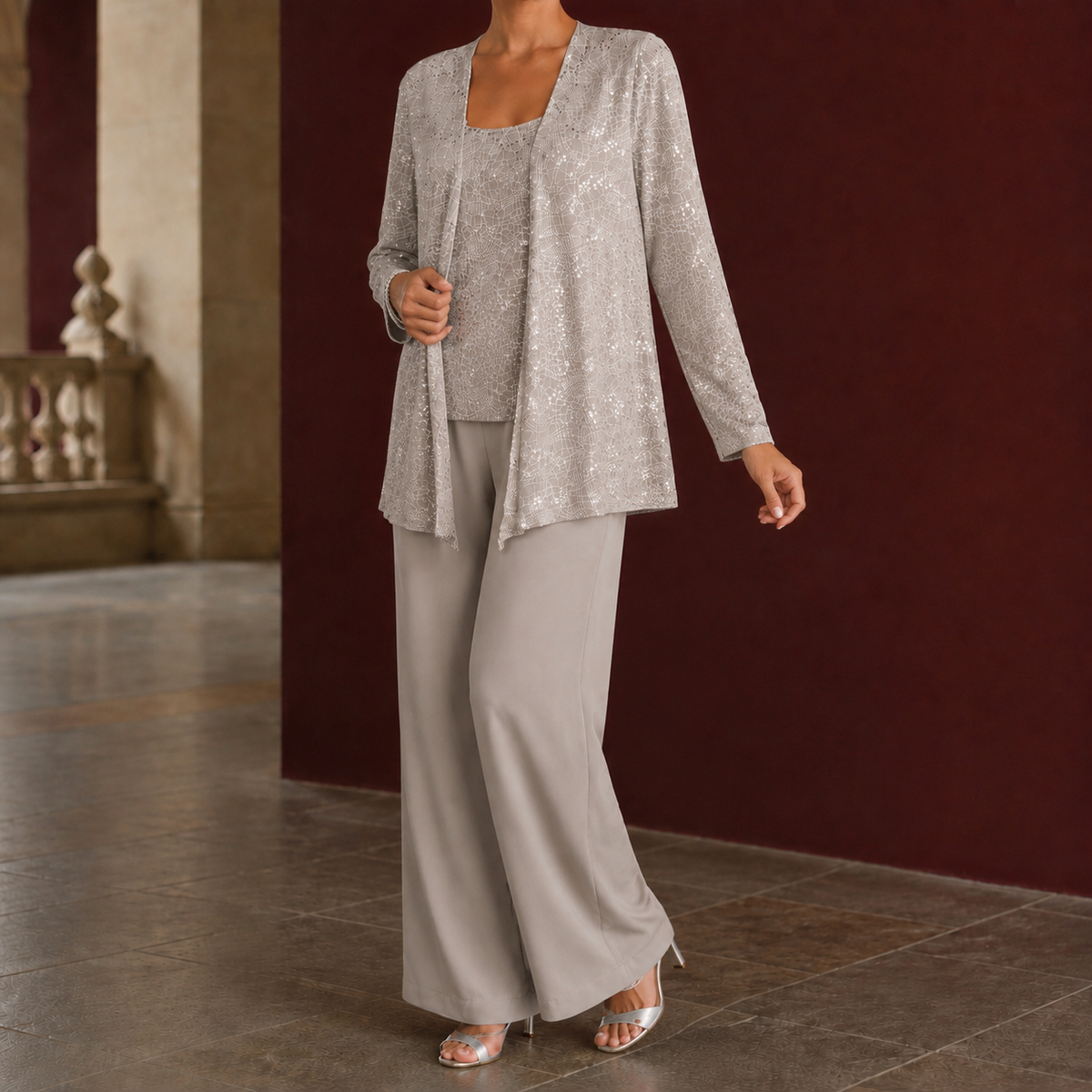 Zelda Sequin Pants Set - Taupe