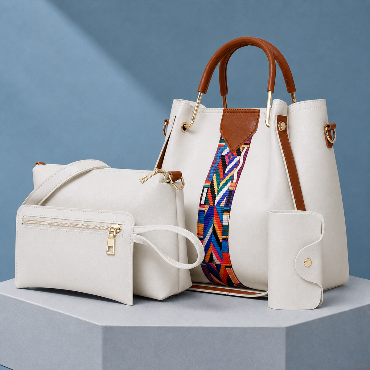 Rimini Geometric Handbag Set - Cream