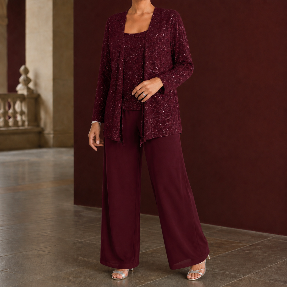 Zelda Sequin Pants Set - Burgundy