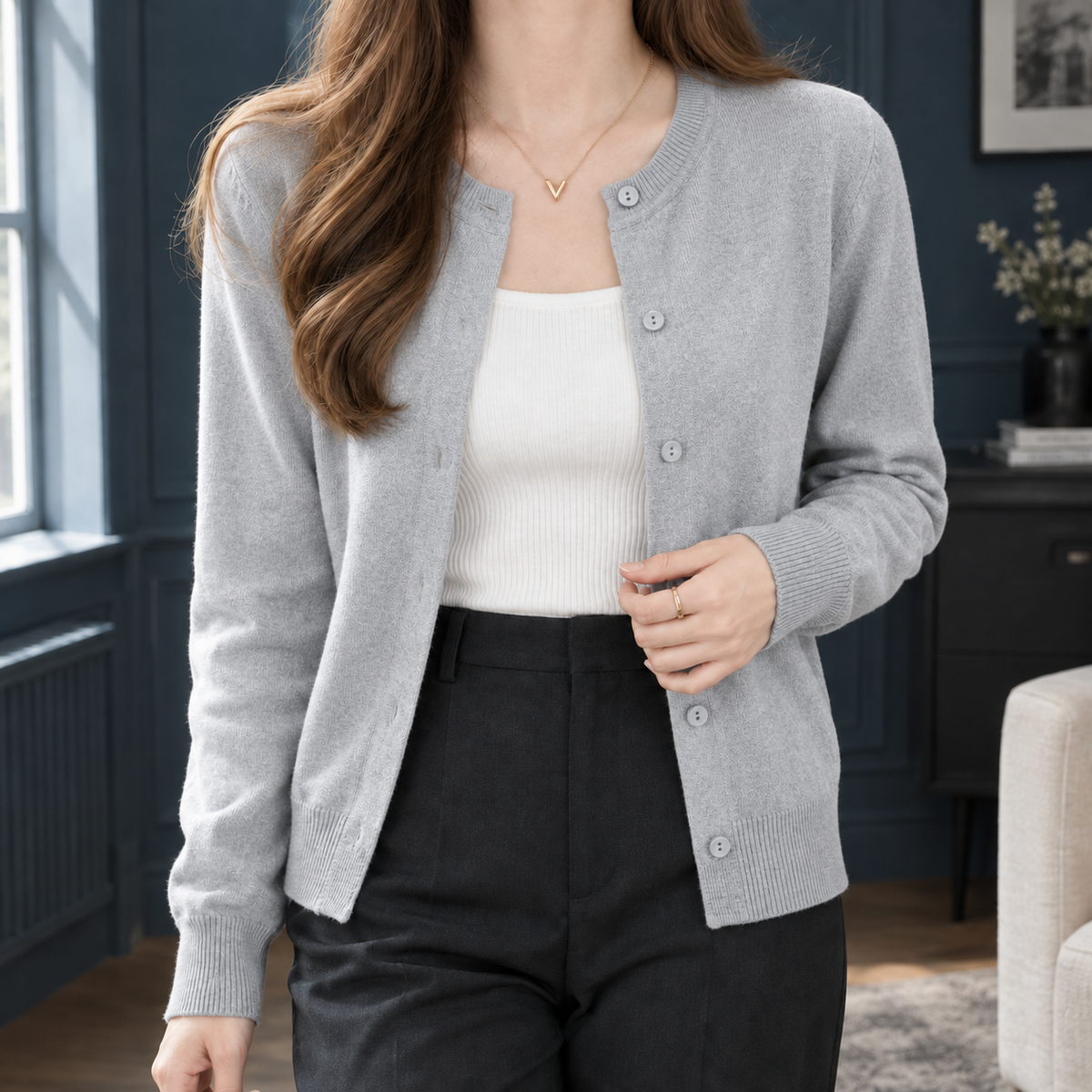 Oriane Fine Knit Cardigan - Light Gray