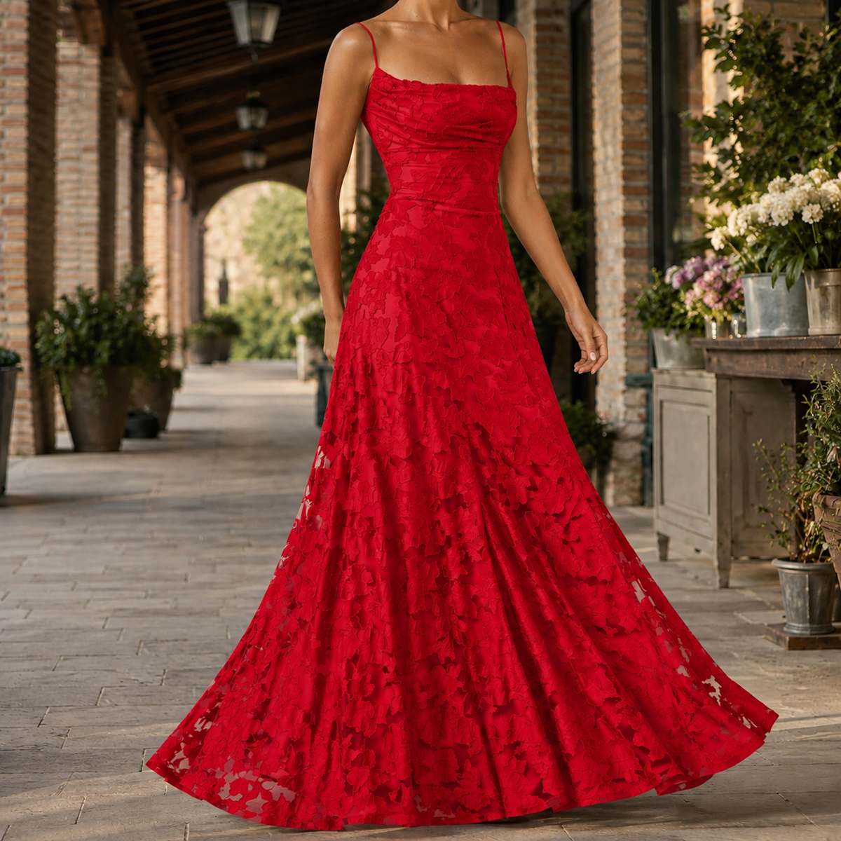 Selene Lace Maxi Dress - Red
