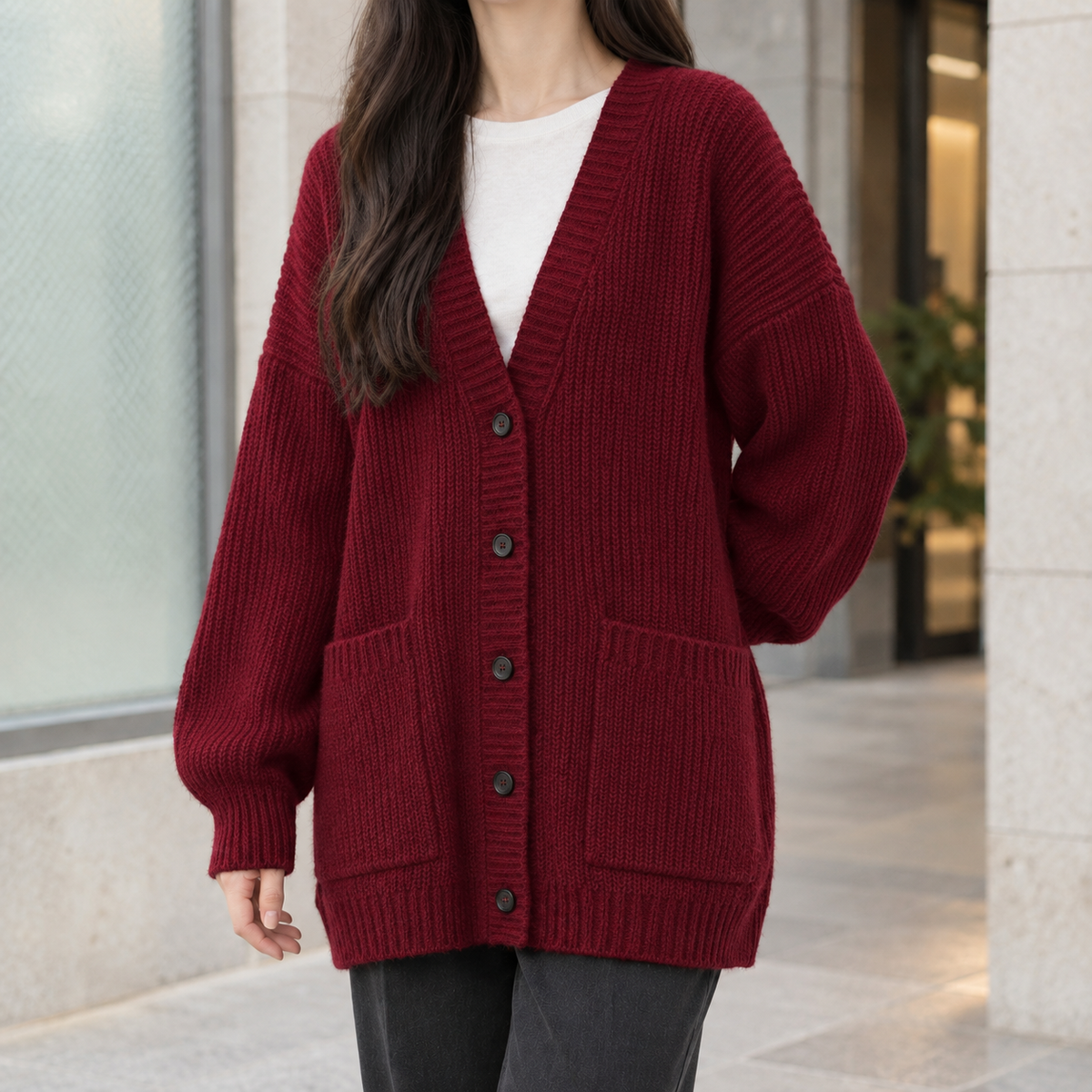 Thalia-Grace Ribbed Cardigan - Burgundy