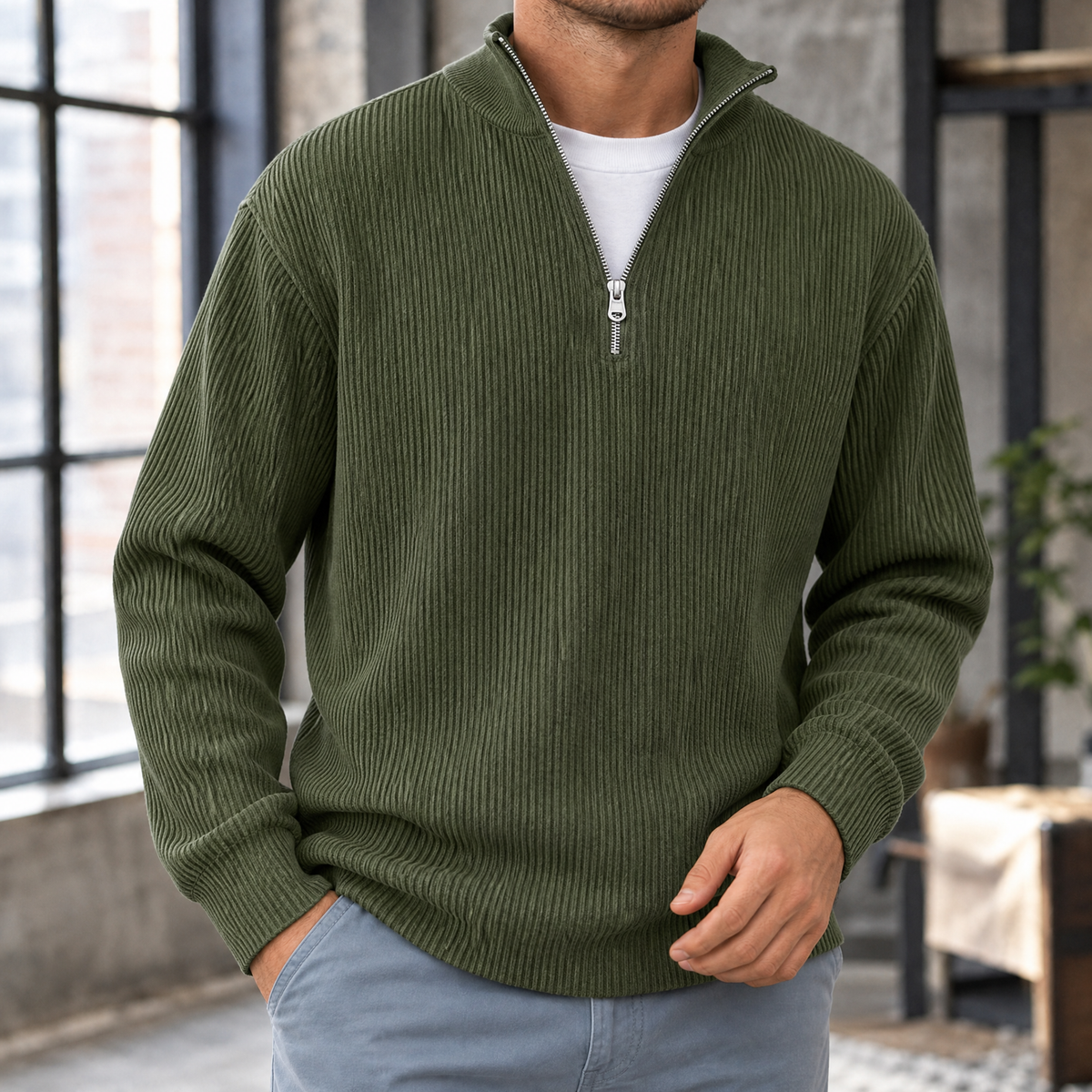 Macaire Ribbed Quarter-Zip Top - Army Green