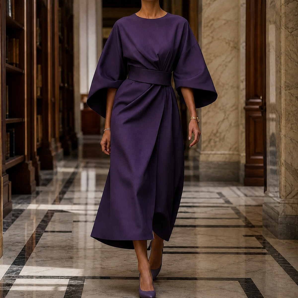Astrid-Hope Belted Midi Dress - Purple