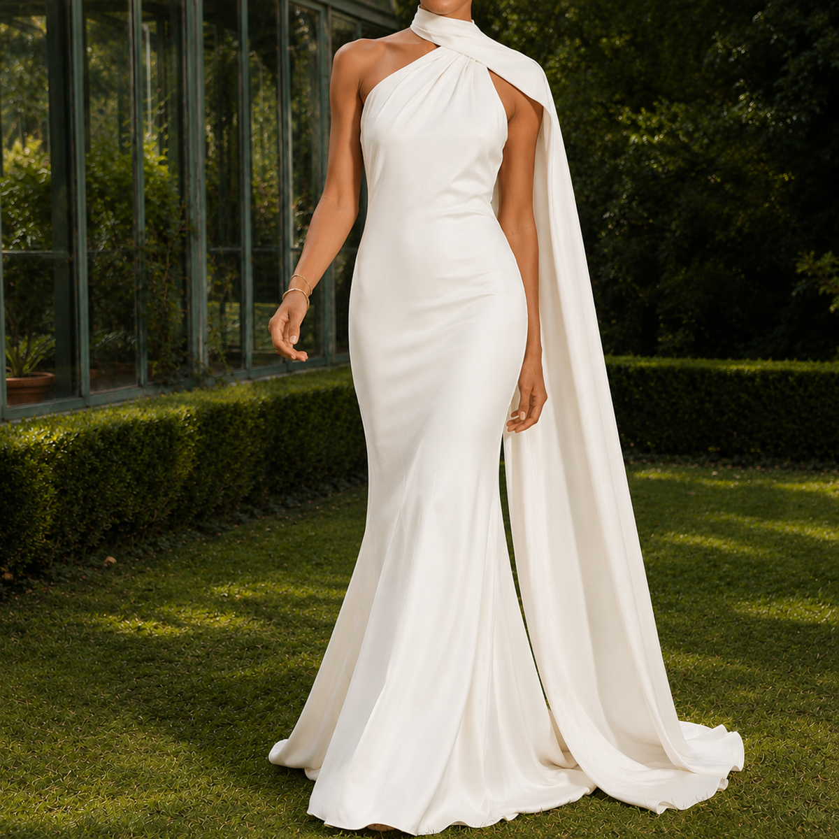 Isabeau Cape Halter Dress - White