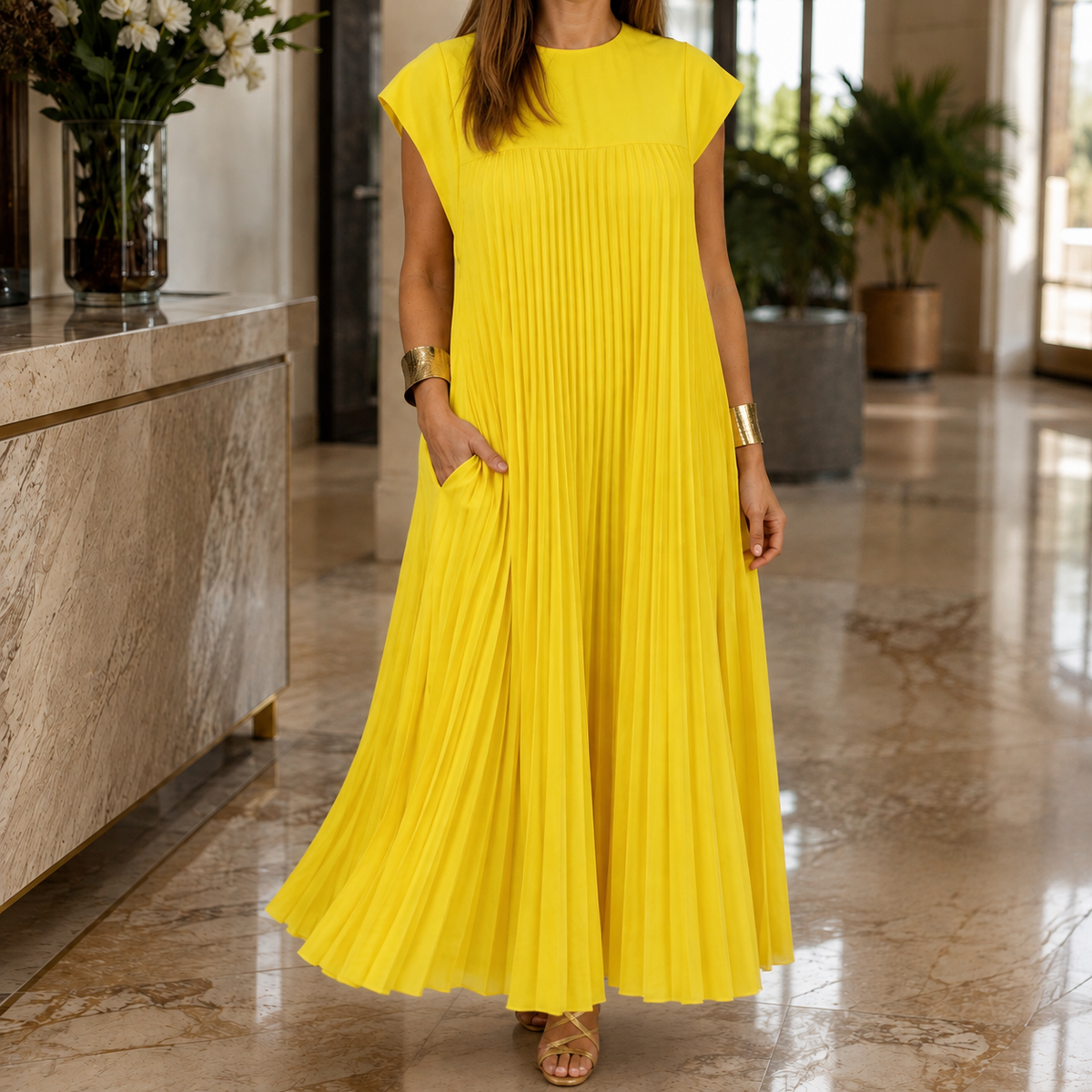 Willa Pleated Maxi Dress - Yellow
