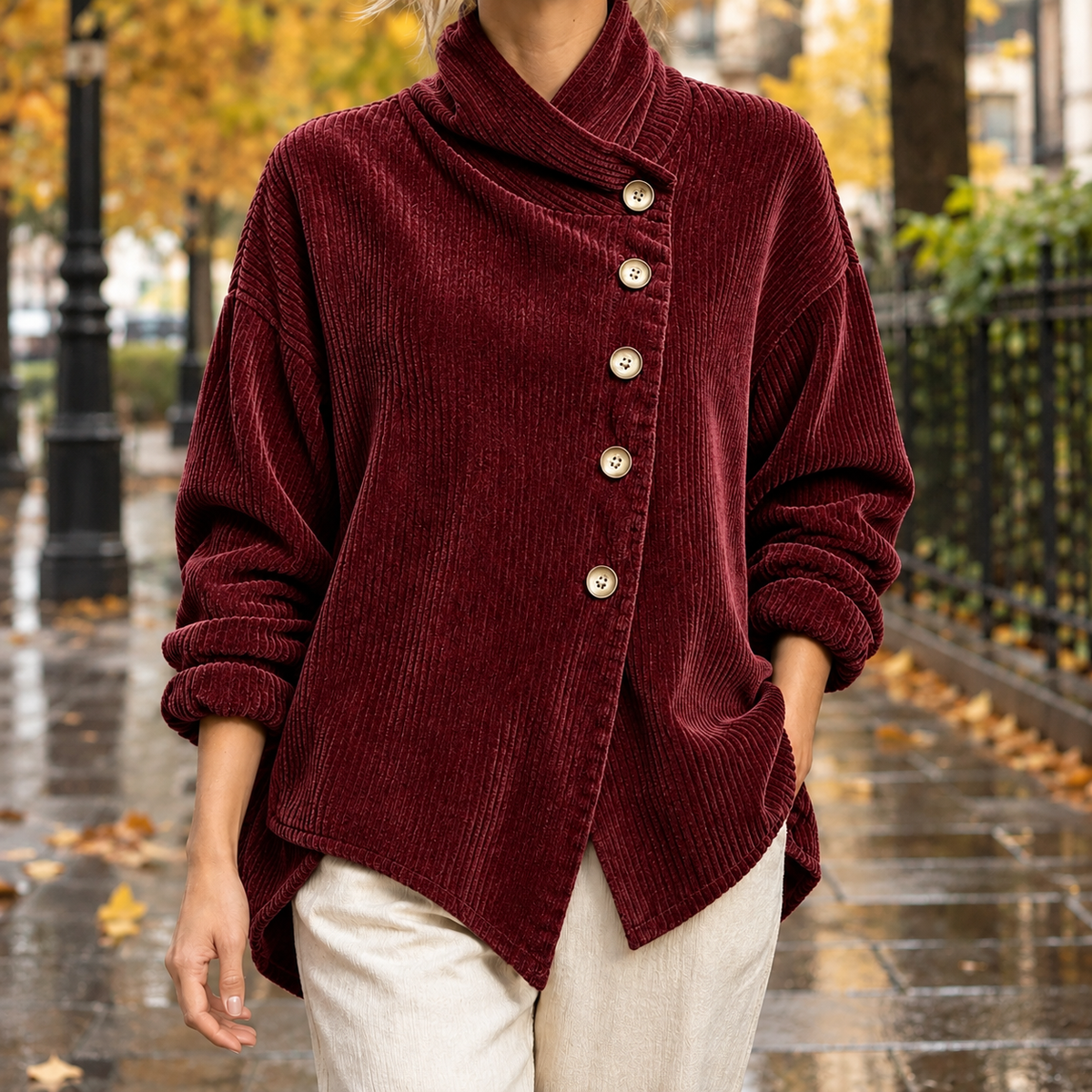 Desiree-Pearl Corduroy Jacket - Wine Red