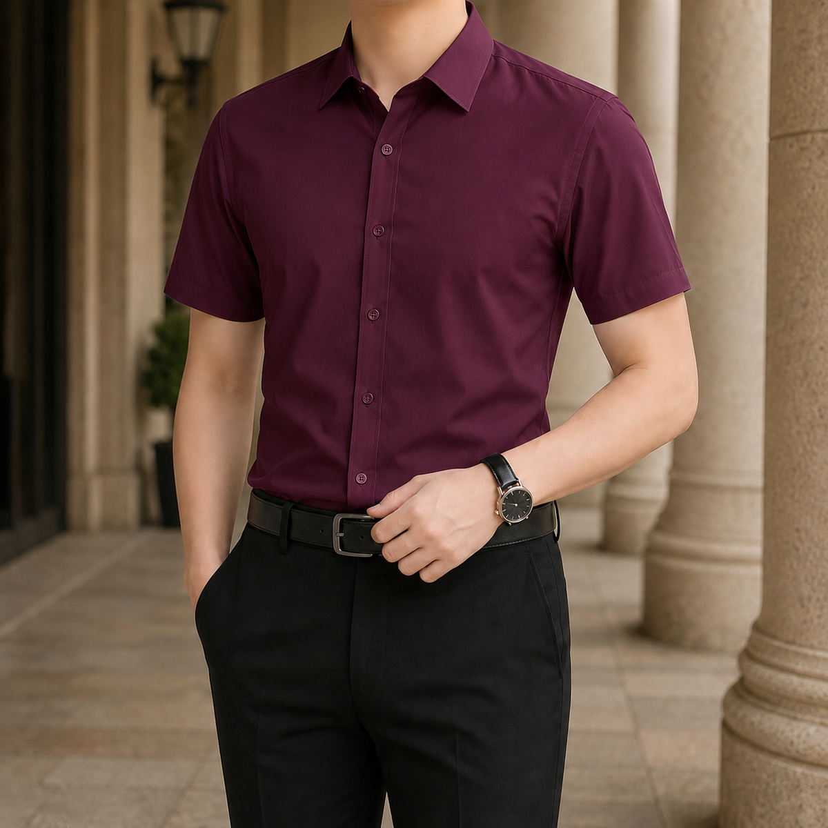 Thibault Slim Fit Shirt - Short Sleeve Shirt Burgundy