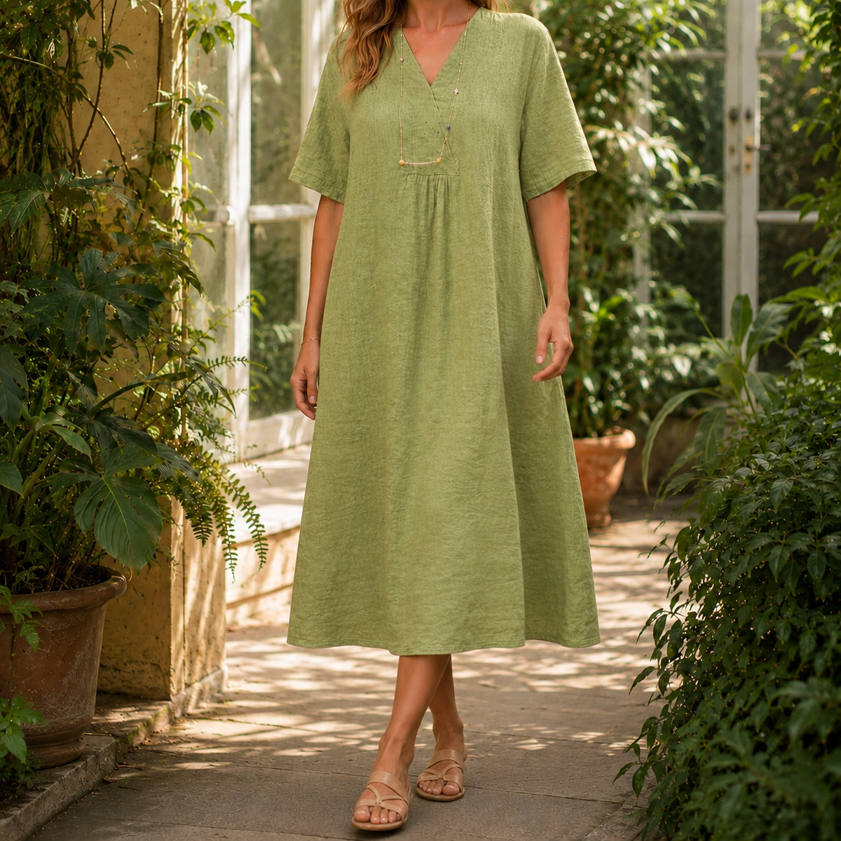 Nerissa Crinkle Midi Dress - Green
