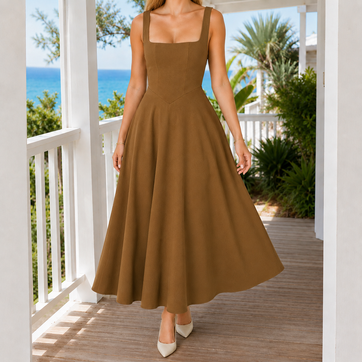 Yvette Square Neck Dress - Brown