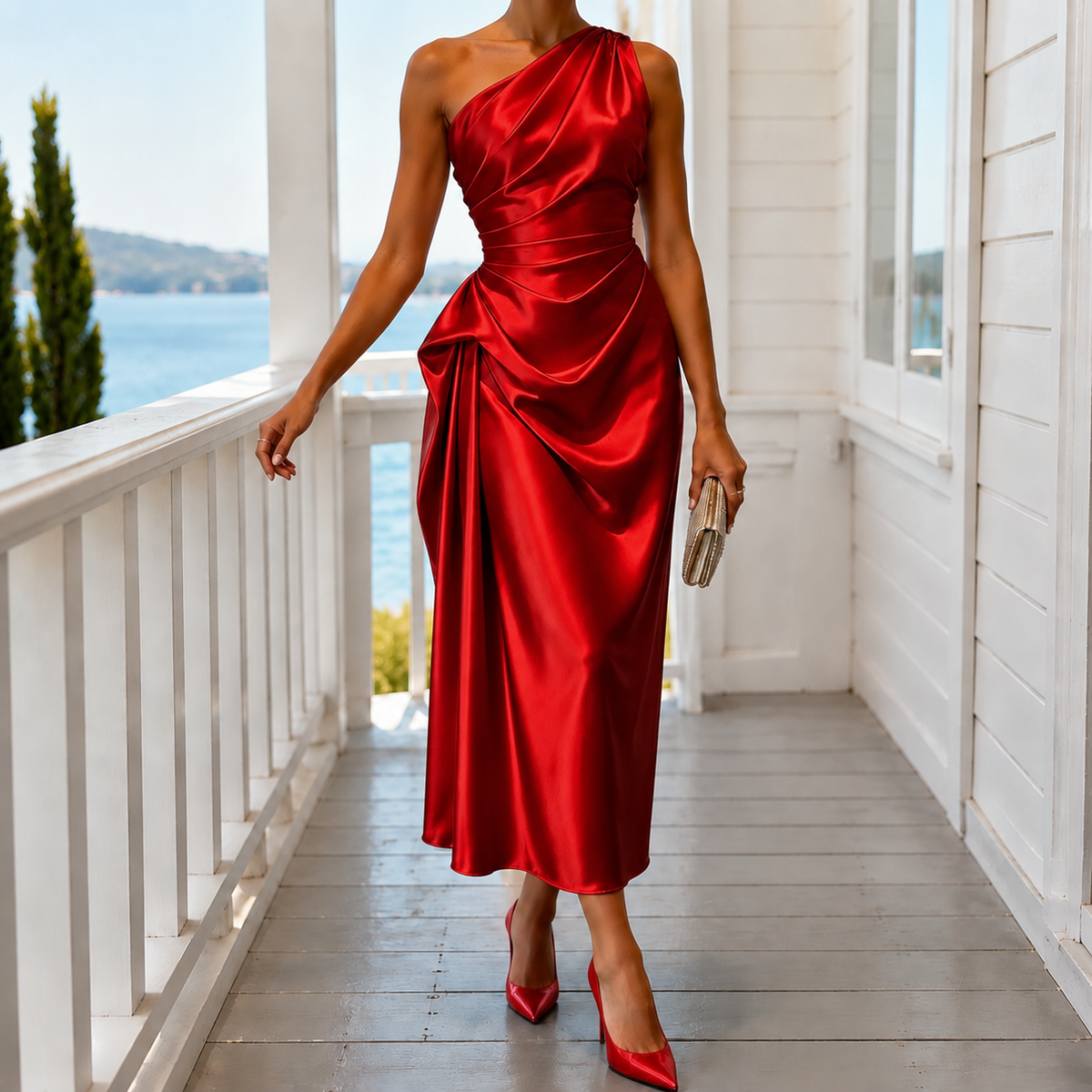 Alina One Shoulder Dress - Cherry Red
