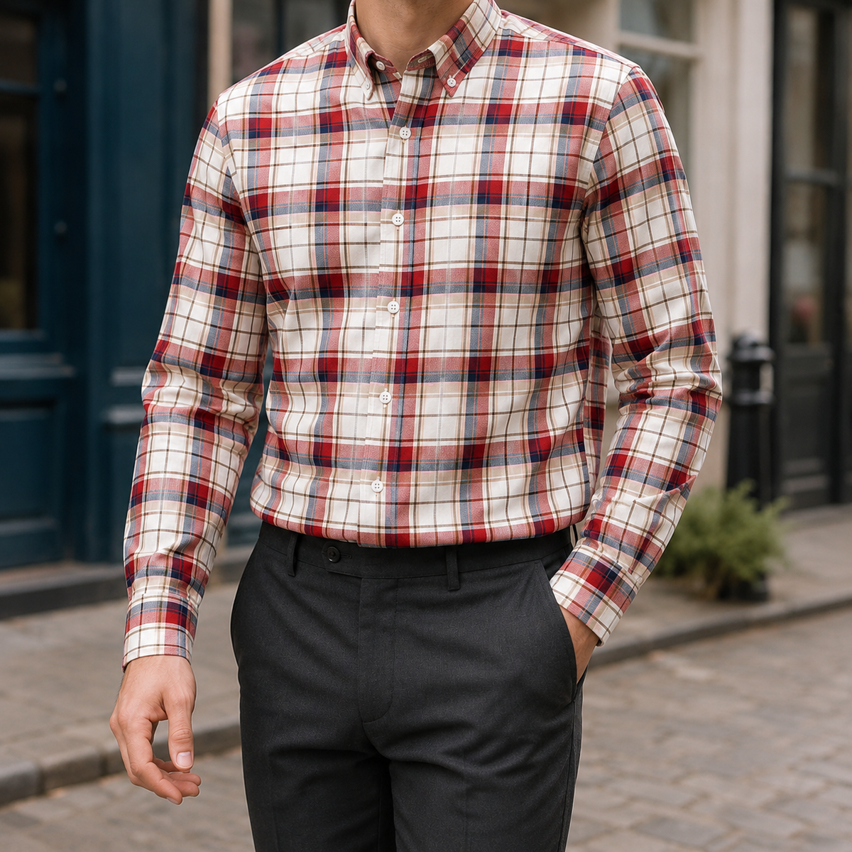 Roland Patterned Shirt - Cream And Red Plaid