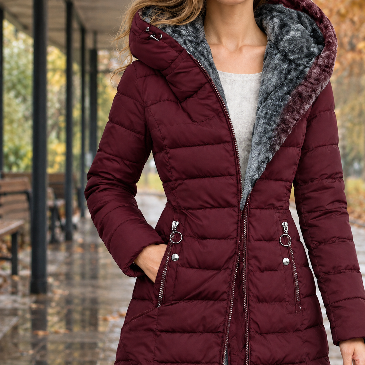 Gemma-Pearl Longline Quilted Jacket - Wine Red