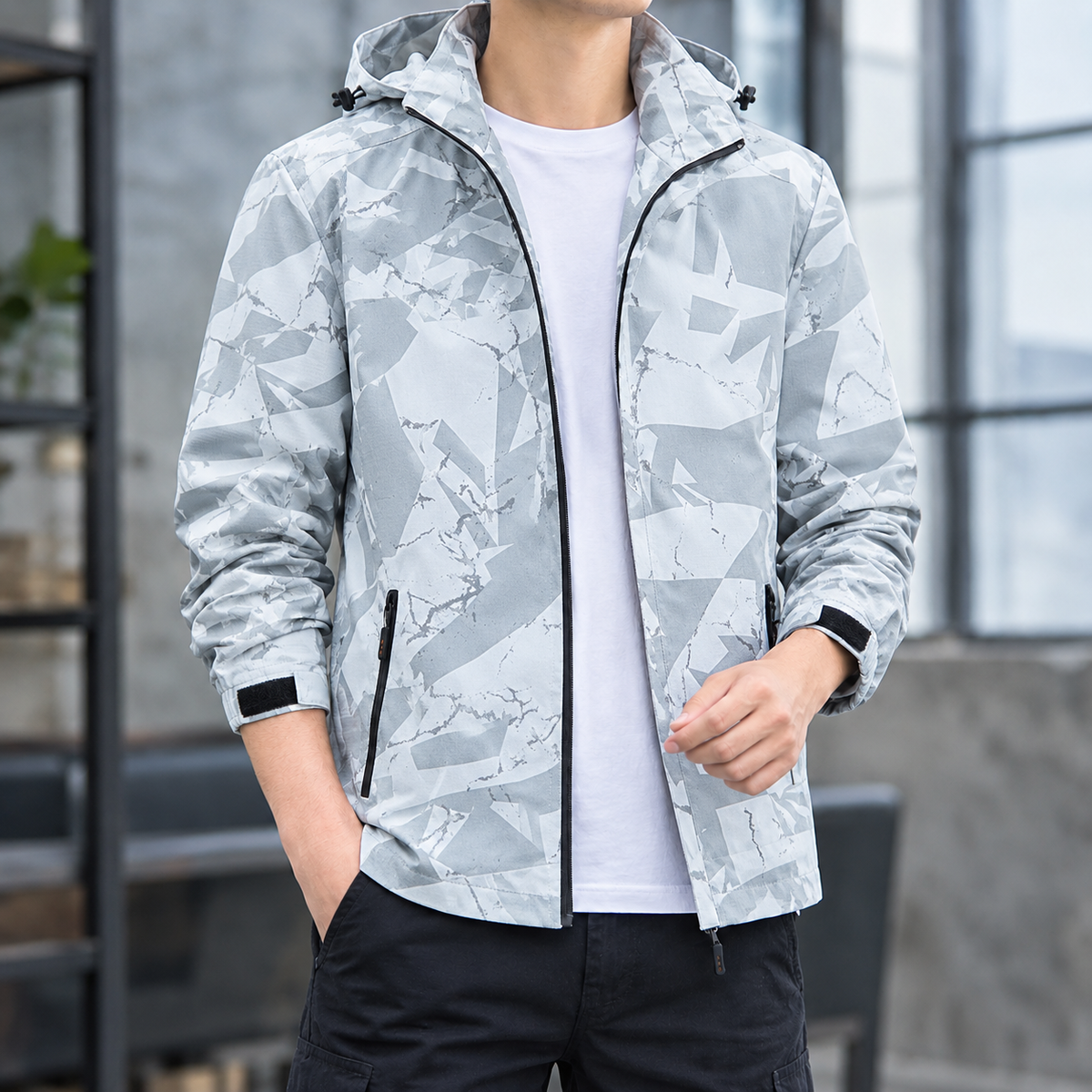 Clovis Hooded Jacket - Light Gray Geometric Print