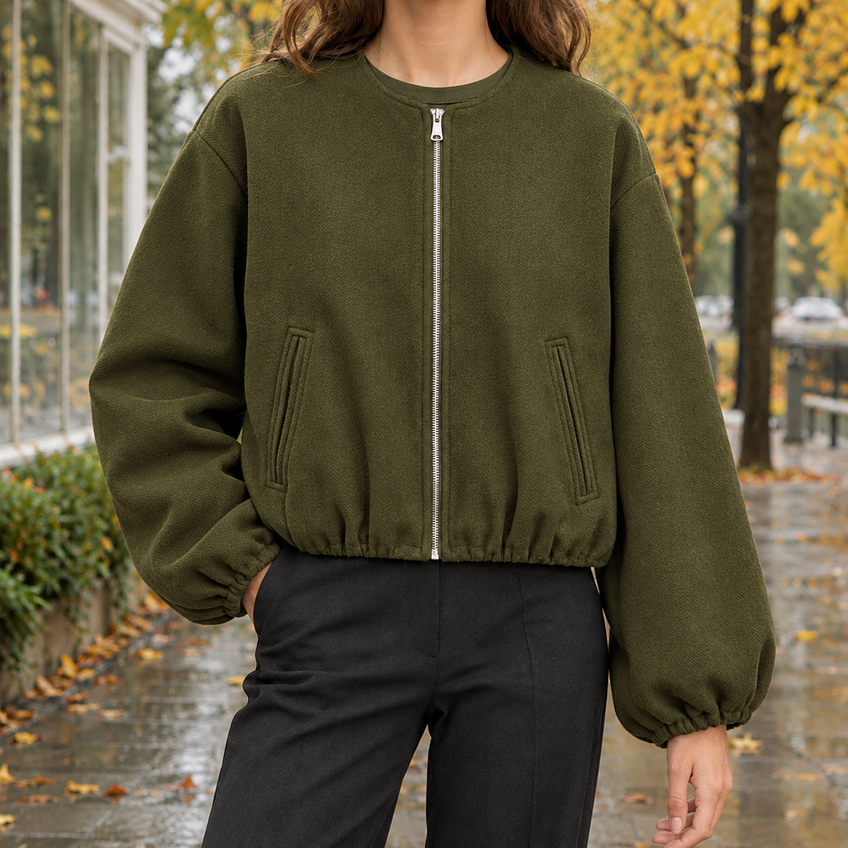 Florentine-Jane Balloon Sleeve Jacket - Army Green