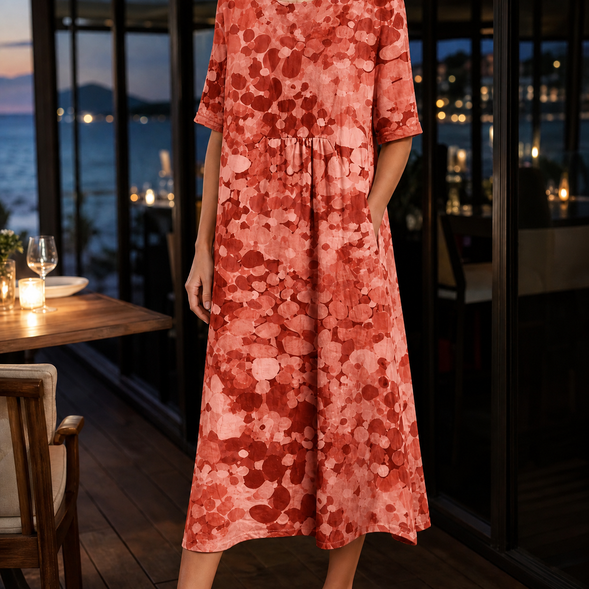 Blair-Pearl Gathered Midi Dress - Brick Red