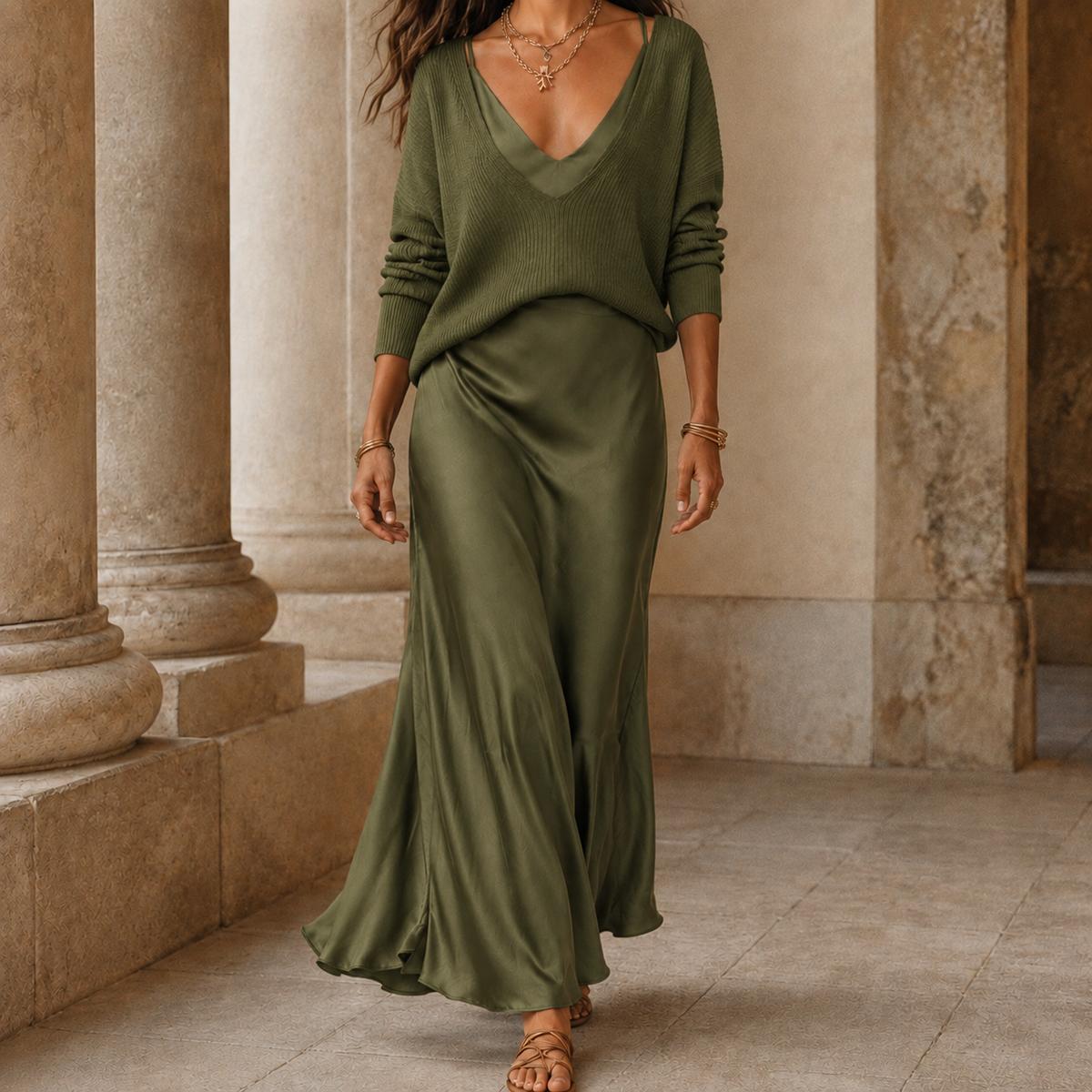 Emilia Slip Dress Set - Olive Green