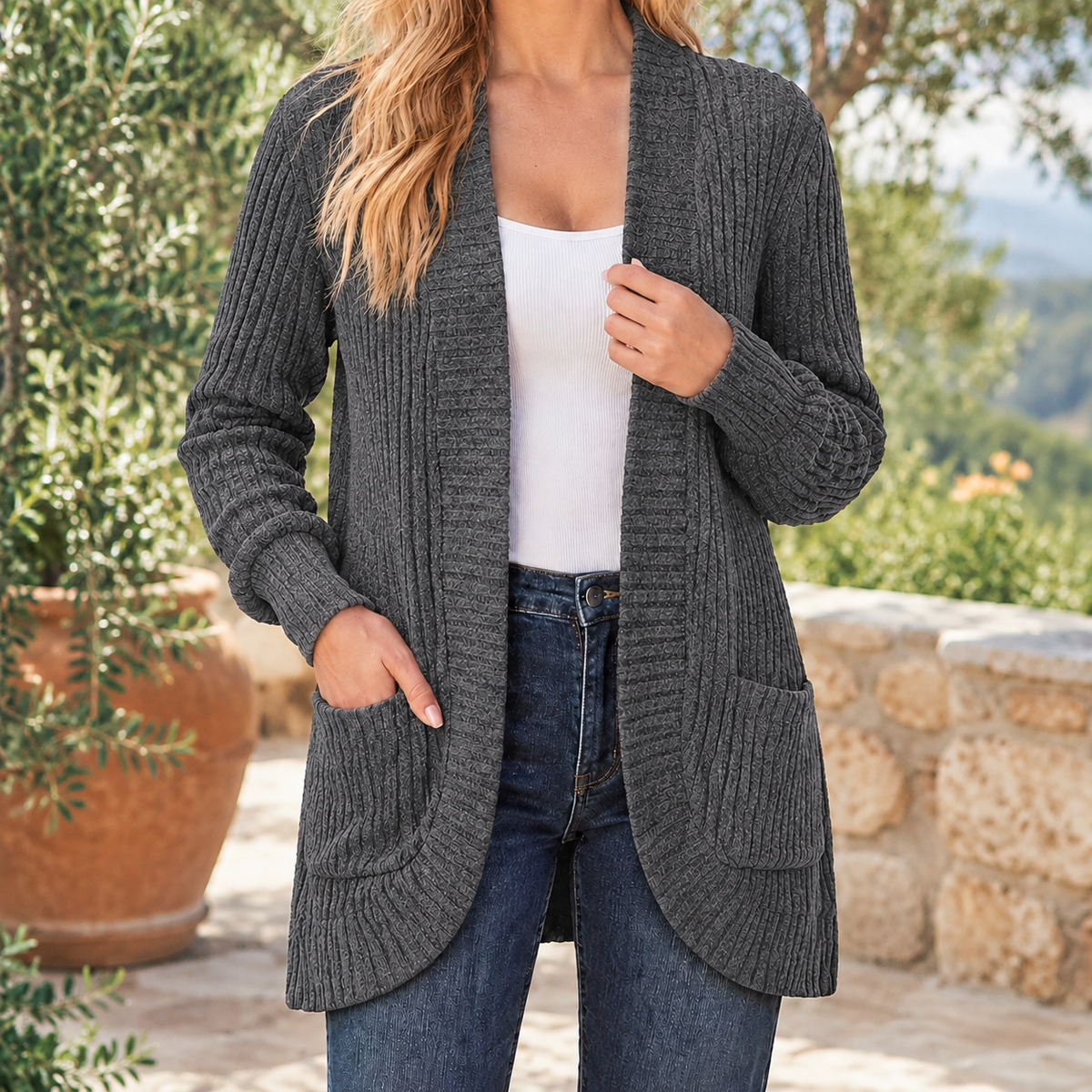 Soraya Ribbed Cardigan - Lead Color